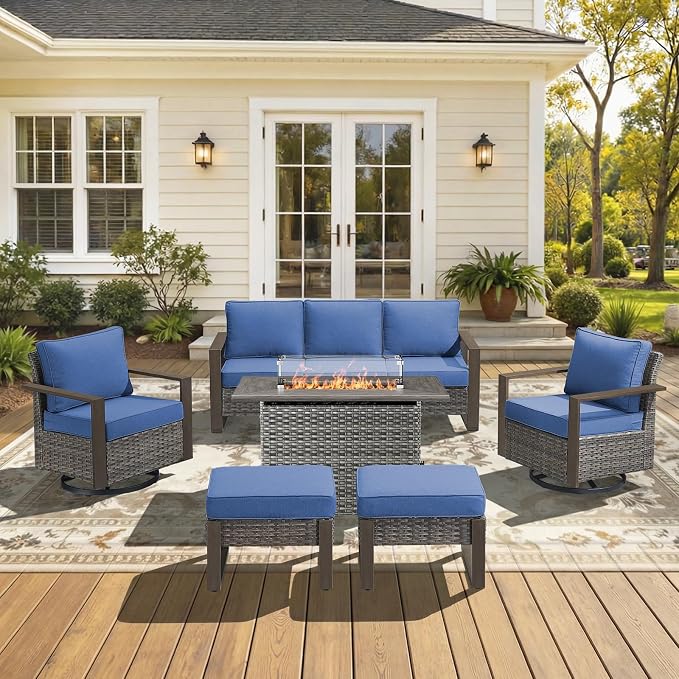 Patio Furniture Set with Fire Pit Table, 6-Piece Outdoor Wicker Sofa and Swivel Chairs, All-Weather Conversation Set for Backyard, Deck and Poolside, Grey/Blue