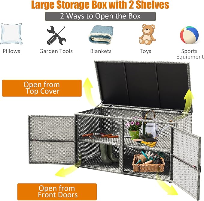 DORTALA 88 Gallon Deck Box Organizer, Wicker Large Indoor Outdoor Storage Container Cabinet for Patio Furniture Cushions Garden Tools, Gray