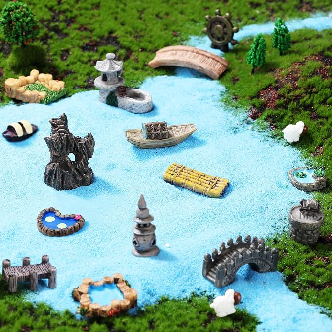 Meooeck 24 Pcs Miniature Garden Accessories Mini Fairy Bridge Figurines Pond Garden Decor Micro Landscape Lighthouse Water Well Ornament for Yard DIY Craft