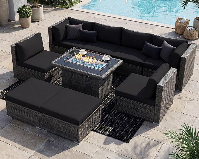 RADIATA 9 Piece Wicker Patio Furniture Set with Fire Pit, All-Weather Outdoor Sectional Couch High Back Large Size, Modular Backyard Seating Sofa Set with Propane/Natural Gas Firepit Table, Grey&Black
