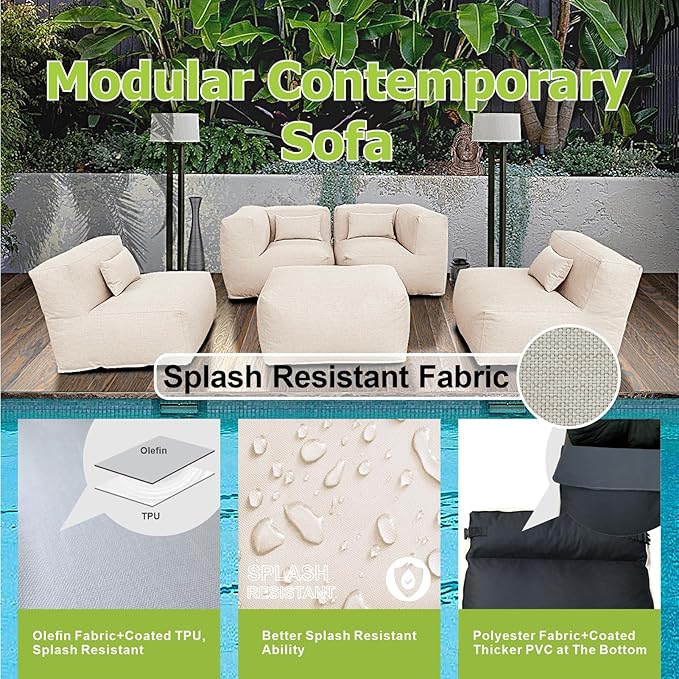 Patio Furniture Set Bean Bag Chairs Calaluna 5PC Outdoor Chairs Sectional Conversation Patio Set Daybed Furniture Outdoor Sofa Couch High Density Foam Filling Modern Comfy Patio Couch (Light Beige)