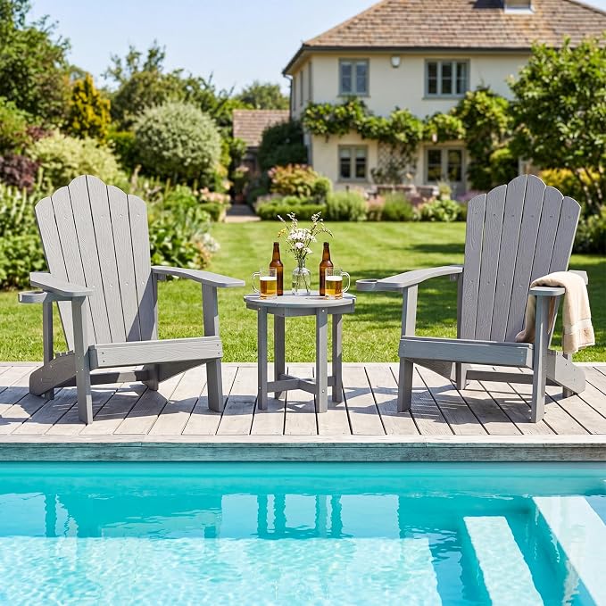 Tangkula Round Outdoor Side Table Set of 2, Adirondack Side Table with Weather-Resistant, Waterproof Top, Small Outside End Table for Patio Deck Pool Porch, Easy Maintenance (Grey,2)