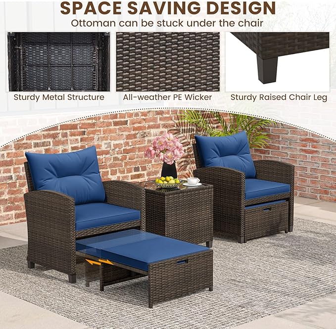 ORALNER 5 Pieces Patio Furniture Set with Ottoman, Wicker Conversation Set w/Cushions, Glass Coffee Table, Outdoor Rattan Lounger Chairs Bistro Set for Porch Balcony Garden Deck Poolside (Navy)