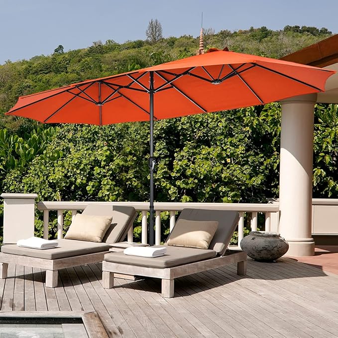 Tangkula 15FT Double-Sided Patio Umbrella, Outdoor Market Umbrella W/Hand-Crank System & Enhanced Base, Ultra-Large Twin Garden Umbrella W/ 12-Rib Structure for Residential & Commercial Use (Orange)