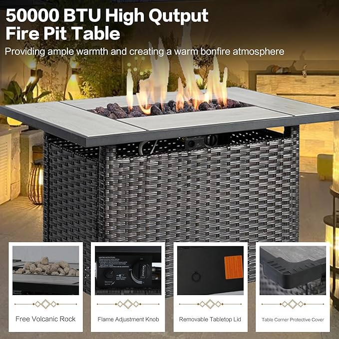 7 Pieces Outdoor Patio Furniture Conversation Set Rattan Wicker with Fire Pit Table, 3 Seat Sofa, 2 Swivel Rocker Chairs, 2 Ottomans and 1 Side Table for Yard Backyard BNB (Brown/Navy Blue)