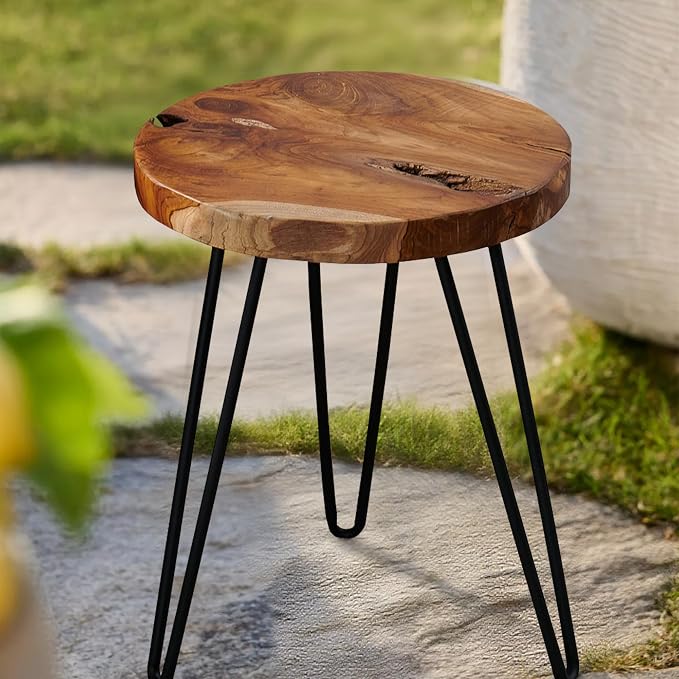 Round Teak Wood Side Table 15" x 15" x 20.4" H Vintage Wooden Slab Coffee Live Edge Tables Solid Wood Rustic Plant Stand Accent End Tables Living Room Patio Bedroom Nightstand
