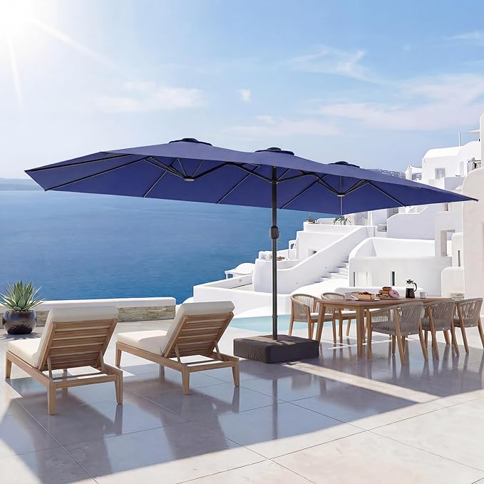 EO Living 13ft Large Patio Umbrella, Double-Sided Rectangle Outdoor Umbrella with Base Included, Table Umbrella for Poolside Deck Market (Navy Blue)
