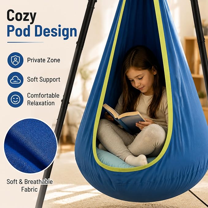 Hammock with Stand for Outside,X-Shaped Anti-Tip Base,Sensory Pod Nest for Kids,Heavy-Duty Steel Frame, Stable Secure 330LBS Support,Indoor Outdoor Cozy Chair,Adults Relax,Bedroom Patio Garden,Blue