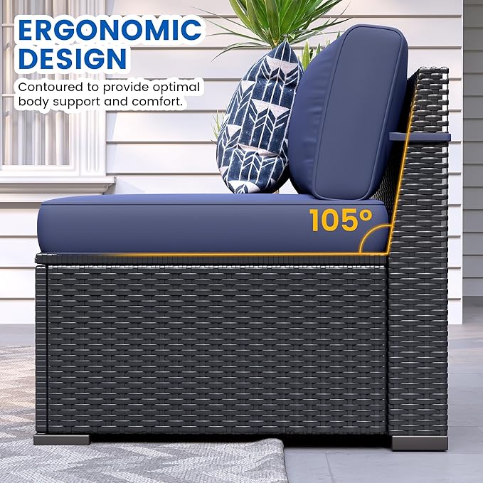 8 Piece Patio Furniture Set with 44” Fire Pit Table All-Weather Wicker Conversation Sectional Sofa & Coffee Table with Thickened Cushions for Backyard, Garden(Navy Blue)