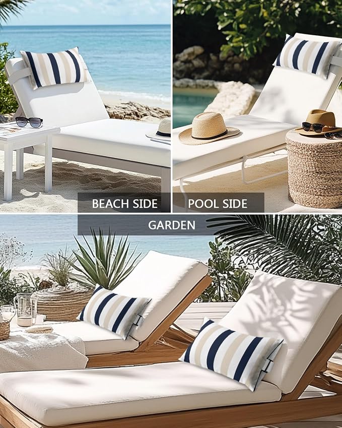 Outdoor Pillows Waterproof Covers Set of 2, Black Khaki Stripes Adjustable Elastic Chaise Lounge Headrest Pillow Covers, Contrast Striped Decorative Lumbar Pillow for Pool Patio Furniture 20x12 Inch