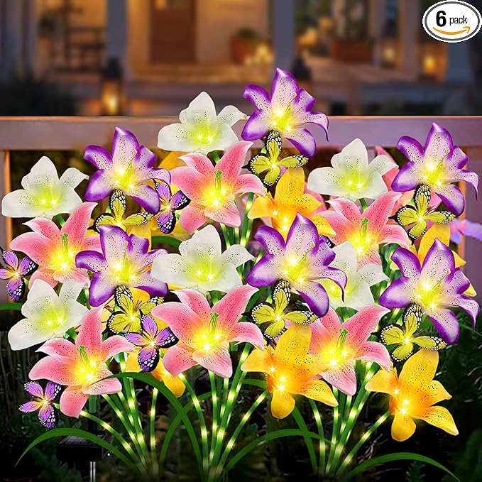 Solar Lights Outdoor, Gift for Women Mom Grandma Wife, 6 Pack 24 Solar Lily Flower Lights With 16 Butterfly Decor Solar Flower Lights Waterproof Outside Decor Stake Light for Landscape Yard Patio Lawn