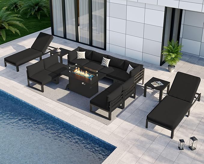 NICESOUL 13 Piece Large Modern Aluminum Outdoor Patio Furniture Set with Lounge & Fire Pit Table, 29" Wide Deep Seating, Fade Resistant Sectional Sofa, 500 lbs Heavy Duty Deck Conversation Set, Black