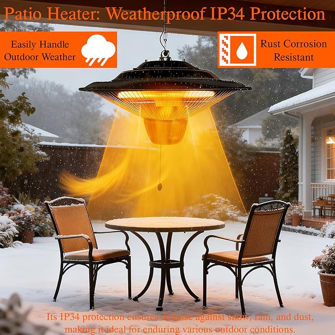 Hanging Infrared Electric Heater, 1500W Ceiling Mounted Heater Outdoor Indoor, IP34 Waterproof & Quiet Fanless, Tip-over/Overheat Protection for Patio, Garage, Gazebo, Home Use