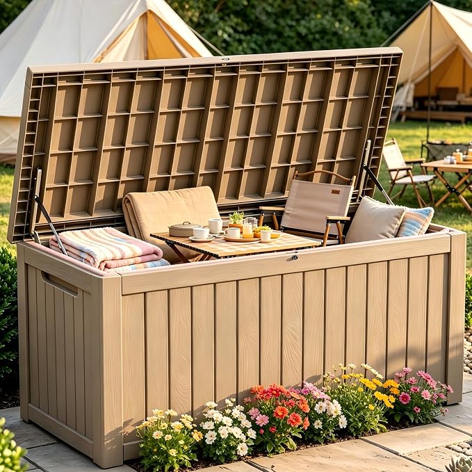 152 Gallon Outdoor Deck Storage Box, Large Waterproof Resin Patio Storage Box, Lockable Bench Seat Holds 2 Adults, for Garden Tools, Cushions & Pool Floats, UV & Rust Resistant, Gray Brown