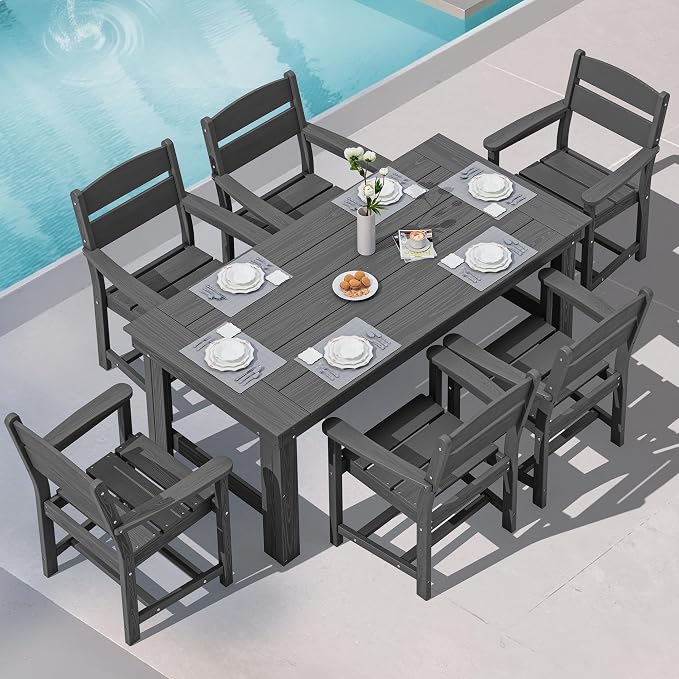SERWALL HDPE Outdoor Dining Table and Chairs Set for 6 | with Oversized Chair Seat