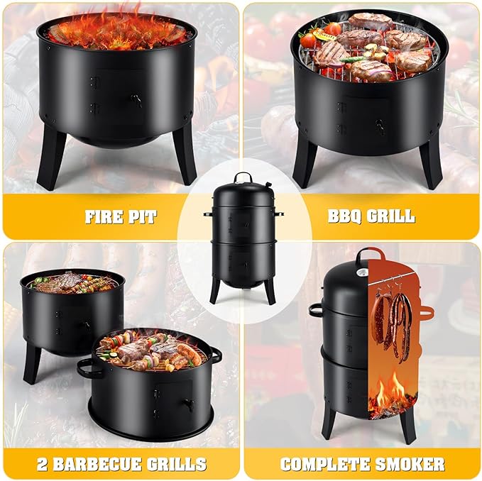 32" Vertical Charcoal Smoker Grill, Heavy-Duty BBQ Grill with Built-in Thermometer, 3 in 1 Grill and Smoker, Portable Meat Cooker with Air Vent for Outdoor Barbecue Cooking