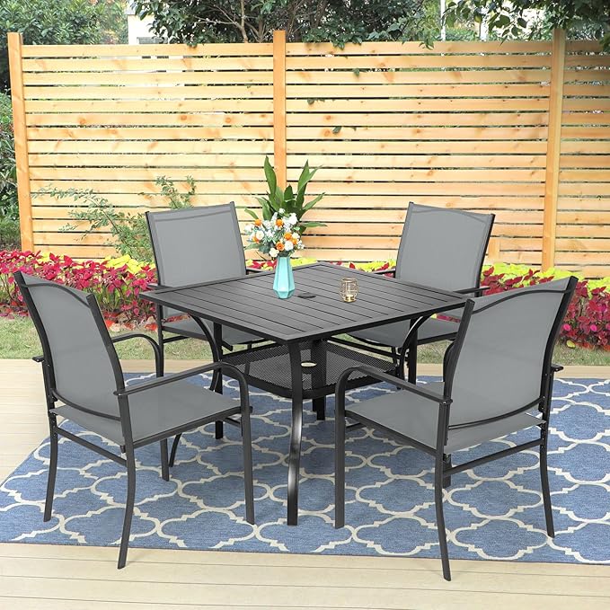 5-Piece Patio Dining Set,4 Person Outdoor Table and Chairs Set, 4 Metal Dining Chairs and Square Outdoor Table with 1.57" Umbrella Hole,Grey