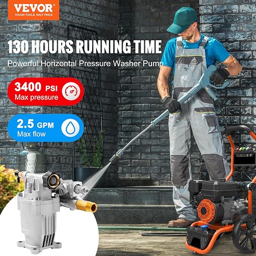 VEVOR Pressure Washer Pump, 3/4" Shaft Horizontal, 2500-3400PSI, 2.5 GPM, Replacement Power Washer Pumps, Parts Washer Pump, Compatible with Honda, Simpson, RYOBI, Briggs & Stratton, Subaru, Craftsman