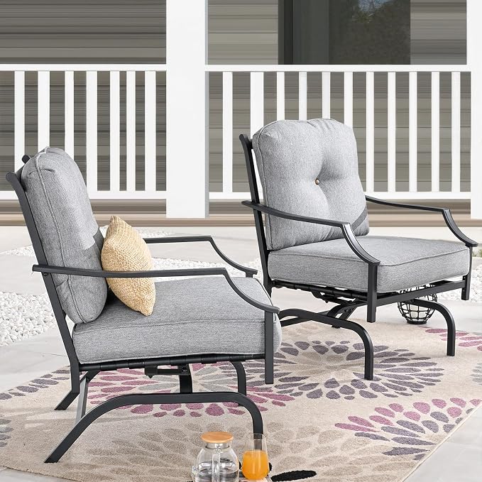 Patio Conversation Set 4 Pieces Metal Outdoor Furniture Sets Outside 3-Seat Sofa with Rocking Chairs Coffee Table (Grey)