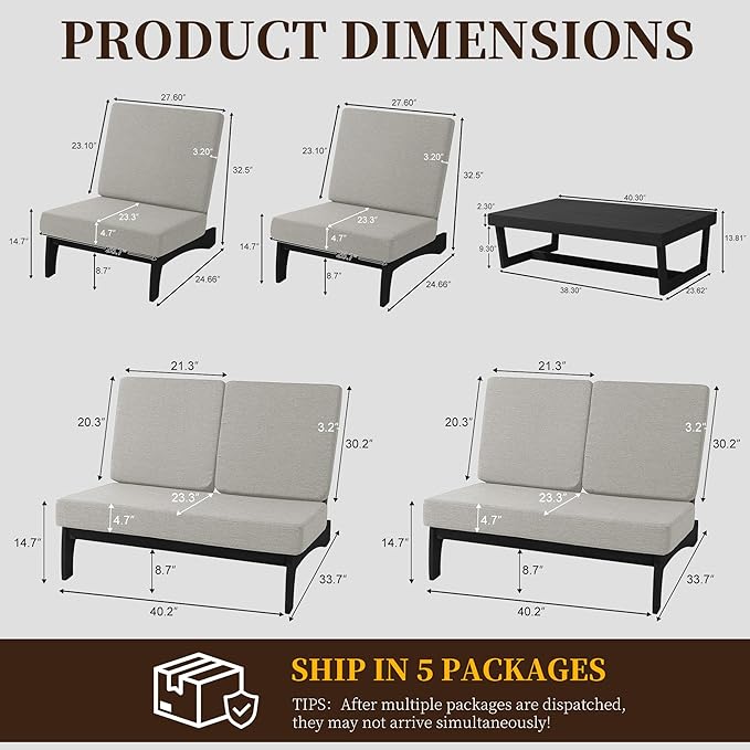 UIXE 5 Pieces All Weather Black Wood Patio Furniture Sets, 2 Patio Loveseat, 2 Patio Bistro Chair, Outdoor Sectional Sofa Furniture Backyard Conversation Set with Coffee Table - Light Camel