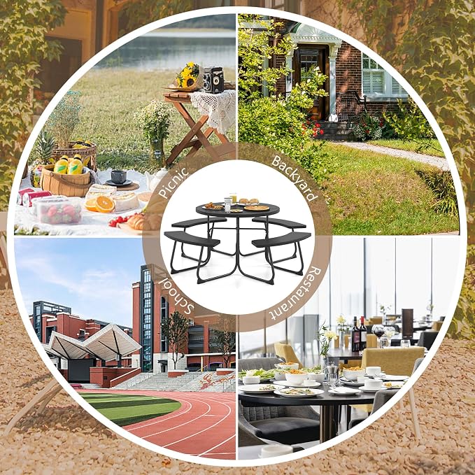 COSTWAY Round Picnic Table with Umbrella Hole, Outdoor Picnic Table with Bench Set for 4-8 People, HDPE Tabletop, Patio Dining Furniture Set for Family Gatherings, BBQ Party, Backyard (Black)