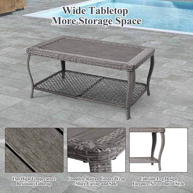 HOMREST 6 Piece Patio Furniture Set, Wicker Outdoor Conversation Sofa Set w/ 2 Ottomans, Storage Coffee Table, Rattan Outdoor Sectional for Deck Backyard Porch (7 Seats, Gray)