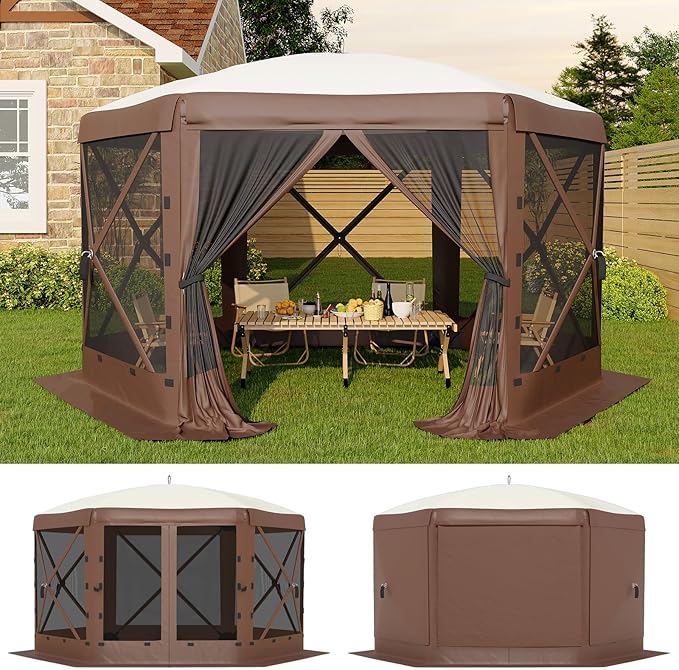 GarveeLife 11.5x11.5FT 6-Sided Pop Up Gazebo Tent，One-Push Setup Canopy Tent with Mesh Panels & Removable Wind Cloths, Outdoor shelter for Camping, Backyard Parties, Outdoor Events - Beige & Khaki