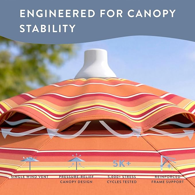 California Umbrella 12-Year Protection 7.5-Ft Outdoor Patio Umbrella, Sunbrella Fade-Resistant Fabric, Auto-Tilt, Heavy Duty Aluminum Frame, 8 Reinforced Ribs for Pool or Deck, White Pole, Dolce Mango