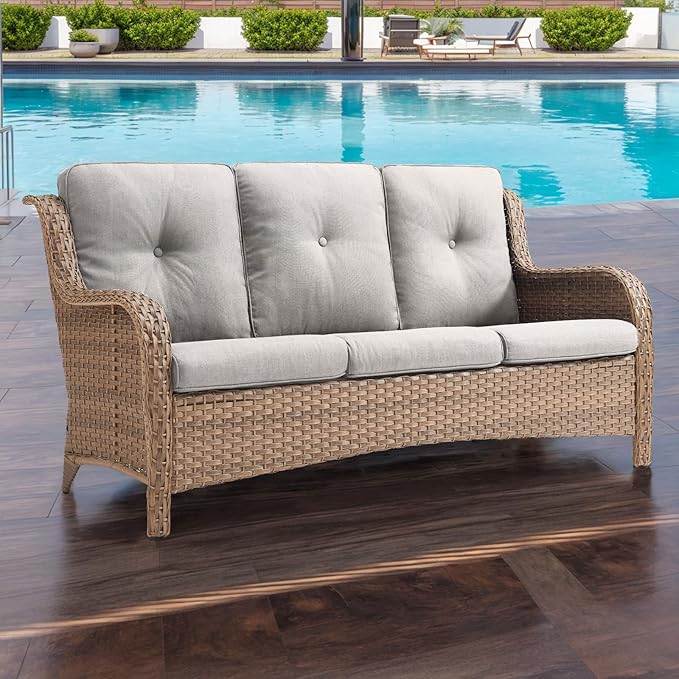 Rilyson Outdoor Couch Wicker Patio Sofa - 3 Seat Rattan Sofa with Deep Seating and Comfortable Cushions for Porch Deck Balcony Garden(Yellow/Beige)