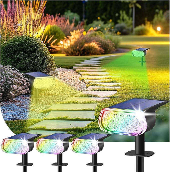 Solar Spot Lights Outdoor Waterproof IP67, Color Changing RGB Landscape Spotlights 8 Lighting Modes Solar Outdoor Lights for Yard Garden Pathway 4 Pack