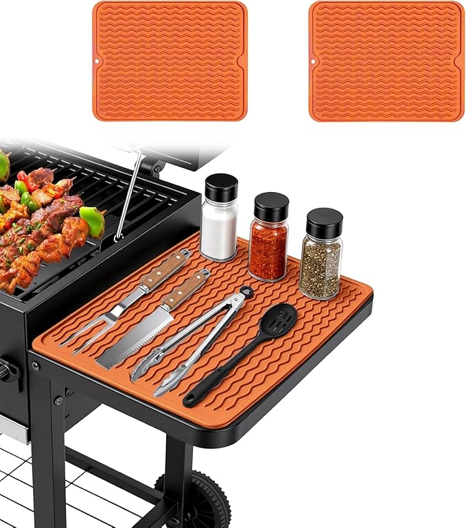 2 Pack Silicone Grill Tools Mat for Blackstone Weber Traeger Pit Boss Flat Top Grill Smoker,BBQ Accessories Pad Mats for Outdoor Kitchen Counter Cooking, Side Shelf Spatula Mat,Gifts for Men (Orange)