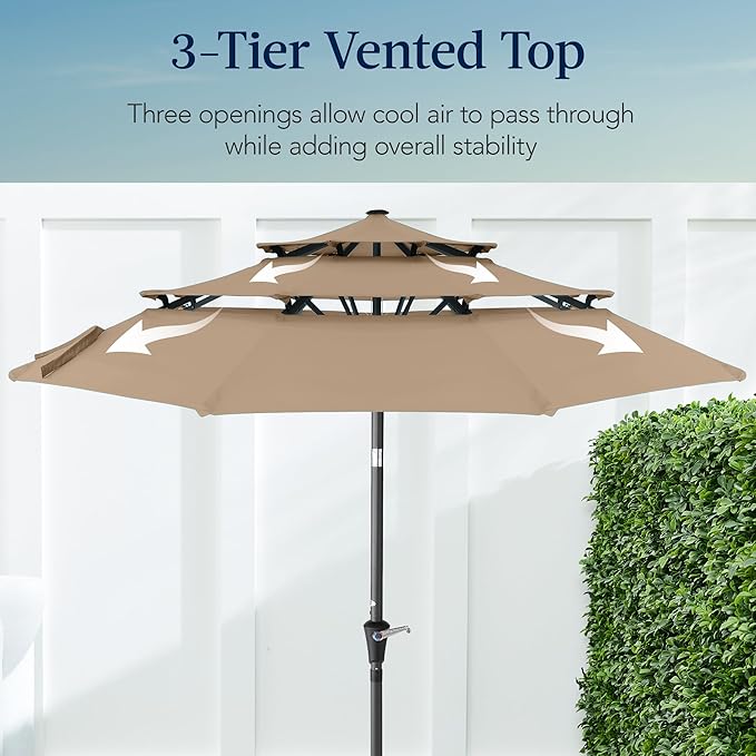 Best Choice Products 10ft 3-Tier Market Patio Umbrella, Outdoor Sun Shade with Tilt, Crank Lift, 8 Ribs for Backyard, Deck, Poolside