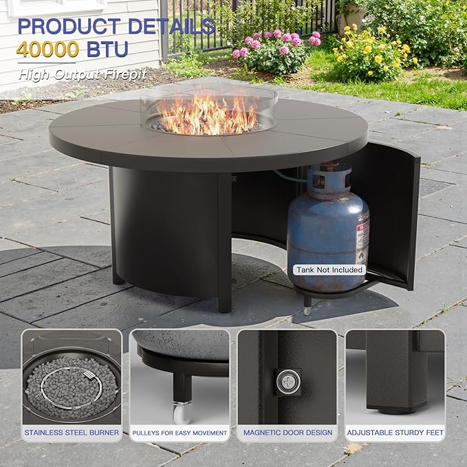 Kurapika 5 Piece Modern Metal Outdoor Conversation Sets, Patio Furniture Set, 4 Aluminum Swivel Chairs w/48in Round Propane Fire Pit Table and Thickened Cushions, Sand