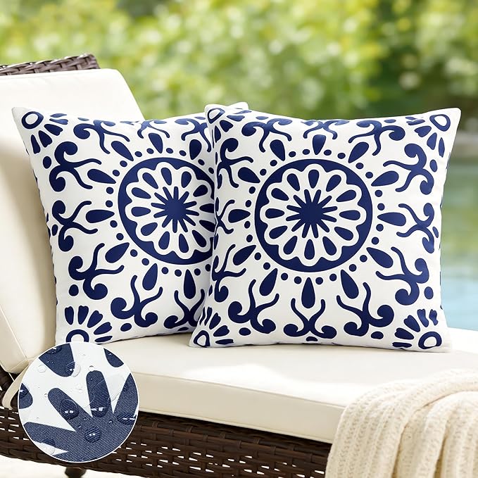 Set of 2 Outdoor Waterproof Pillow Covers 18x18 Inch, Navy Blue Morocco Tile Floral Decorative Throw Pillow Cover, Abstract Boho Farmhouse Cushion Cases for Patio Funiture Garden Couch Bench