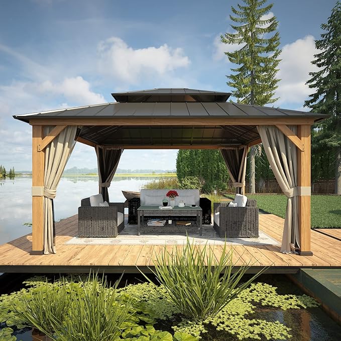 EAGLE PEAK 13x15 Hardtop Gazebo, Galvanized Steel Double Roof Gazebo with Cedar Wood Frame, Outdoor Pavilion with Netting and Curtains for Patio, Deck, Lawn and Garden, Natural Wood/Black