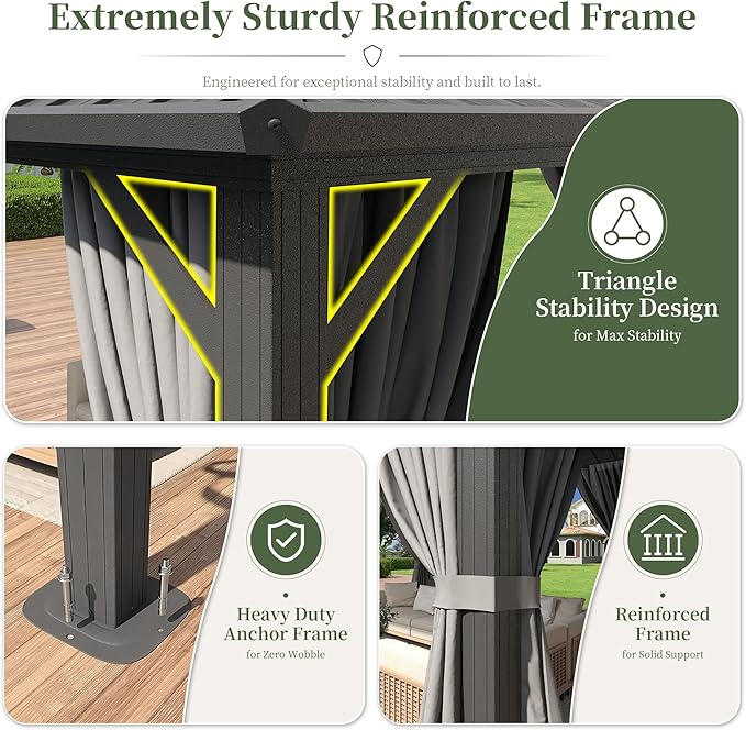 Aoxun 10'x12' Hardtop Gazebo with 4 LED Lights, Outdoor Gazebo with Galvanized Steel Double Roof, Patio Gazebo with Breathable Netting & Privacy Curtain, Decor Hooks for Backyard, Gray