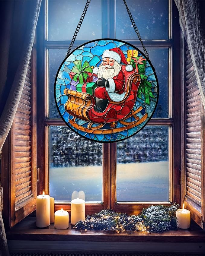 DASTOLL Stained Glass Window Hanging - Red Santa Claus Gift Box Suncatcher for Doors Home Christmas Decoration Winter Sun Catcher Thanksgiving New Year Birthday Gift for Women Men Mom Nana 9.8 in