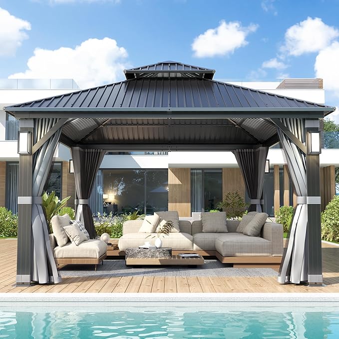 GARTOO 12'x12' Outdoor Hardtop Gazebo with Double Roof - Heavy-Duty Galvanized Steel Top Aluminum Frame Gazebowith Solar LED Light, Breathable Netting & Privacy Curtain for Patio, Garden, Backyard