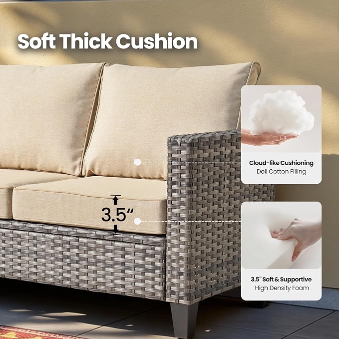5 Piece Wicker Patio Furniture with Swivel Rocker Chair, Beige | High Back Swivel Rocker Chairs, All Weather Rattan Outdoor Sofa, Solar Lights Table, Modern Conversation Sets, Deck Backyard