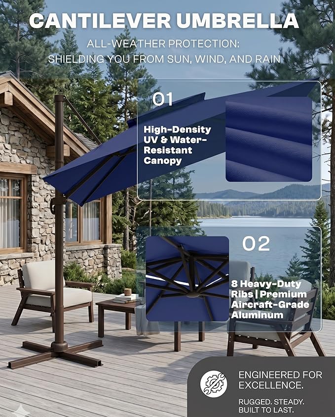 11' Patio Umbrella, Double Top Aluminum Cantilever Umbrella with 360°Rotation, Offset Patio Umbrella with Easy Tilt for Pool Deck Garden Backyard, Navy Blue (Base not Included)