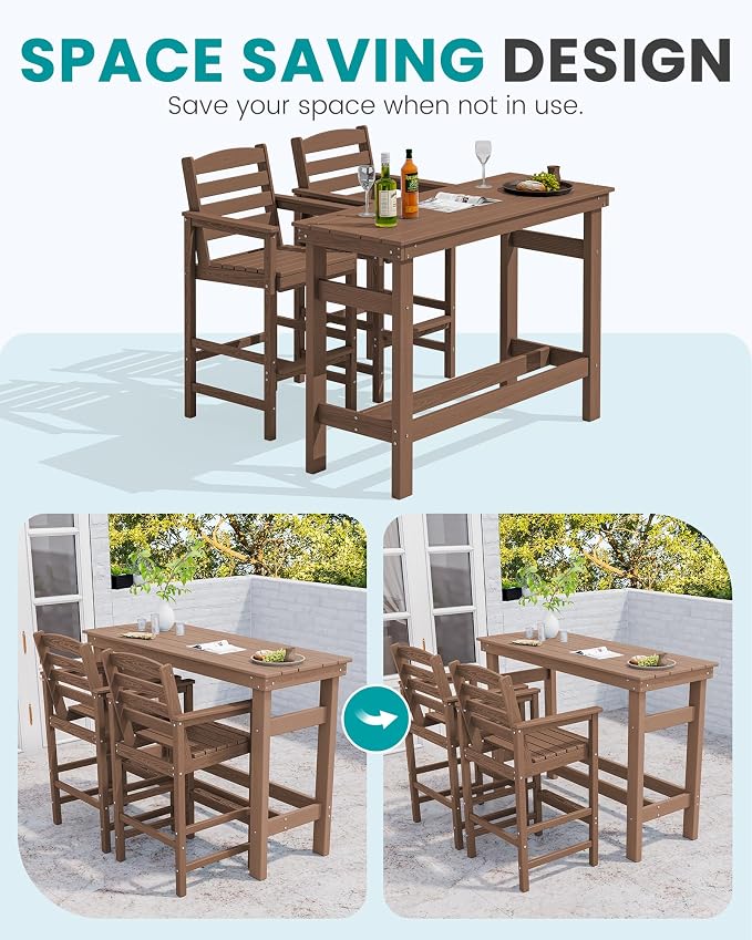 SERWALL Outdoor Bar Set - 2 Adirondack Bar Chairs & Bar Height Table with 1.6" Umbrella Hole, All-Weather HDPE Patio Furniture for Poolside, Backyard, Garden - Brown