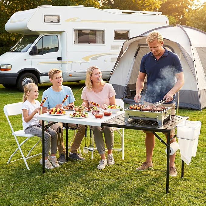 Folding Table and Chair Sets for Picnic Camping, 5ft Folding Table with 4 Pack Folding Chair Portable Outdoor Table and Chair Set Foldable Chair for Patio, Garden, Party, Wedding