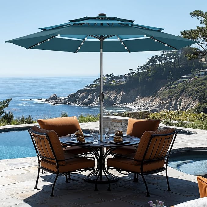 GREEN PARTY 10ft Patio Umbrella with Solar Lights, Auto-Tilt Lighted Market Table Umbrellas with Crank, 8 Sturdy Ribs & 1.5" Pole outdoor umbrellas for Patio Garden Deck Backyard Pool, Blue & Cerulean