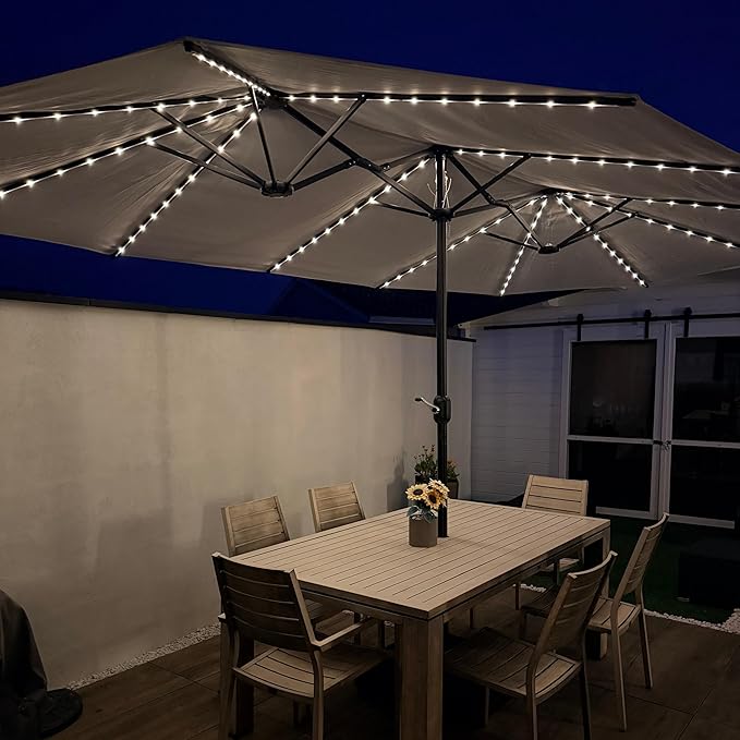 PURPLE LEAF 15ft Patio Market Umbrella with Solar LED and Base Double-Sided Rectangle Outdoor Table Sun Umbrellas with Crank for Pool Beach Deck Backyard Cream