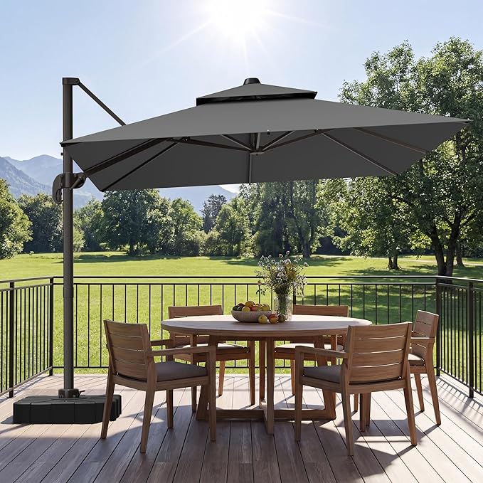 GENTEACO 10X10 FT Cantilever Umbrella with Base Included, Large Offset Patio Umbrella with Double Top, 6 Angle Tilts & 360° Rotation, Large Square Sun Umbrellas for Outdoor Pool Market, Grey