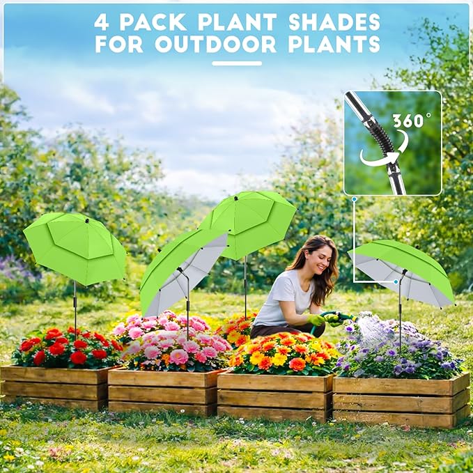 4 Pack 24.9" Double Canopy 47.2" Height Plant Umbrellas for Outdoor Plants, 3D Stakes 360° Adjustable Plant Shades for Outdoor Plants, Garden