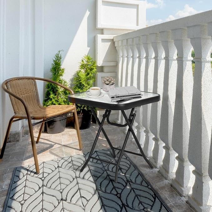 Folding Outdoor Side Table -Patio End Bistro Tables Portable Small 17.5" Square Tempered Glass Top Waterproof Dining Coffee Metal Black