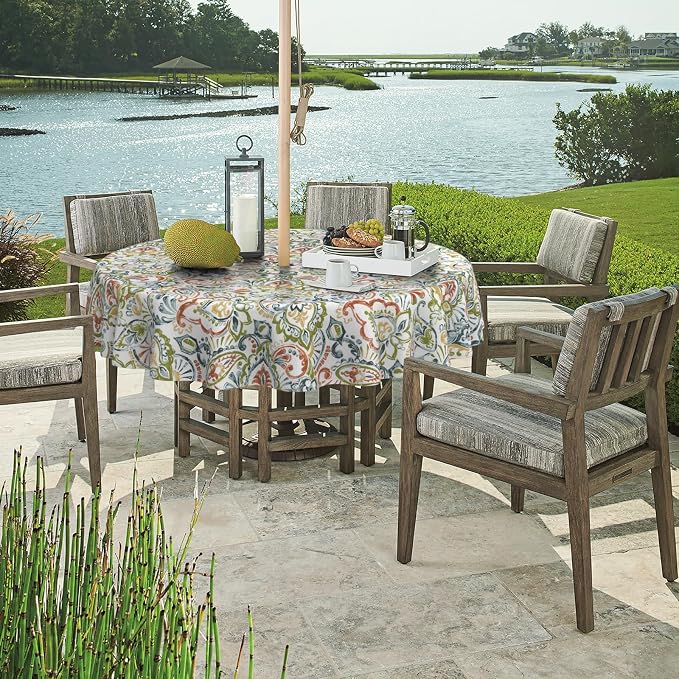 DYTXIII Outdoor Round Tablecloth with Umbrella Hole 60 Inch, Water Repellent & Fade Resistant Table Cover, All Weather Outdoor Tablecloth for Garden & Party Table, Paisley Botanical