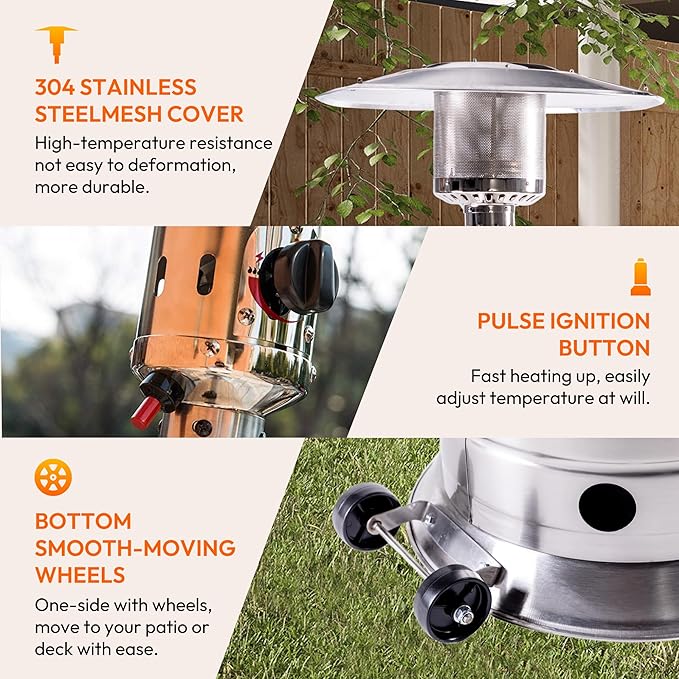 HEXAGO Outdoor Propane Patio Heater, 47,000 BTU Stainless Steel Standing Heater with Wheels, One-Touch Ignition & Adjustable Heat Control, Safety Auto Shut-Off System for Garden, Backyard & Restaurant