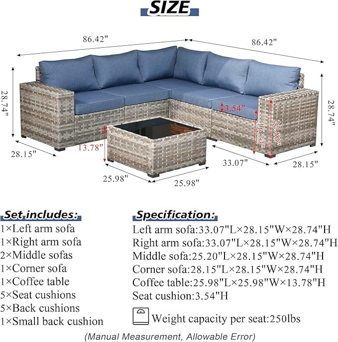 HOOOWOOO Outdoor Patio Sectional Furniture Sofa Set with Widened Armrest,6 Piece Small Modern Wicker Couch,Modular L Shaped Conversation Seating Set with Table for Out Door Garden Corner(Denim Blue)